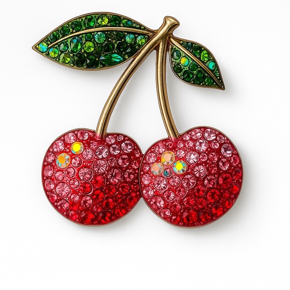 Anthropologie Jewelry - ⚜️🍒 Red Cherry Brooch with Green Leaves 🍃